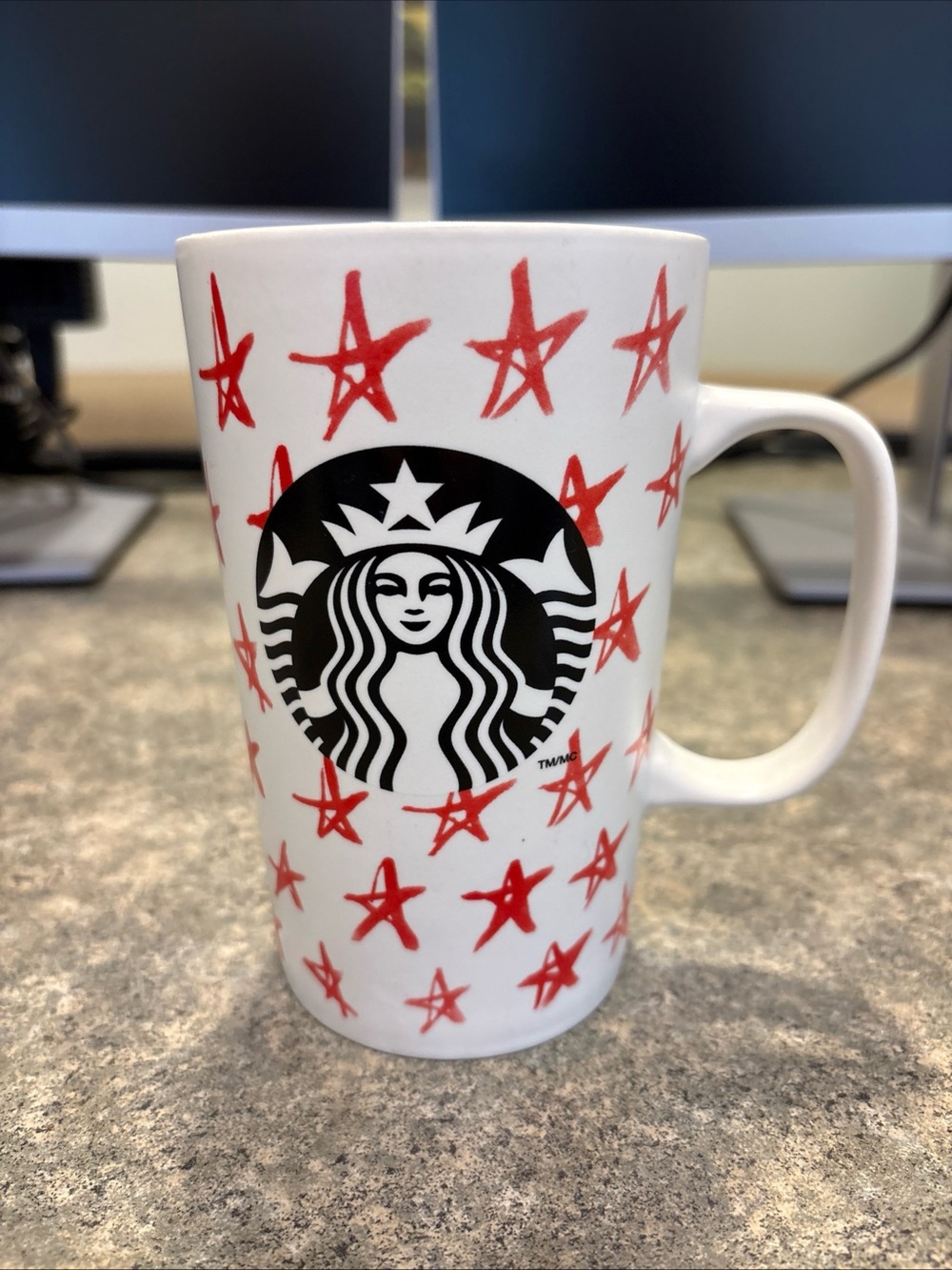 Starbucks White Mug with Black Siren Logo and Red Star Pattern